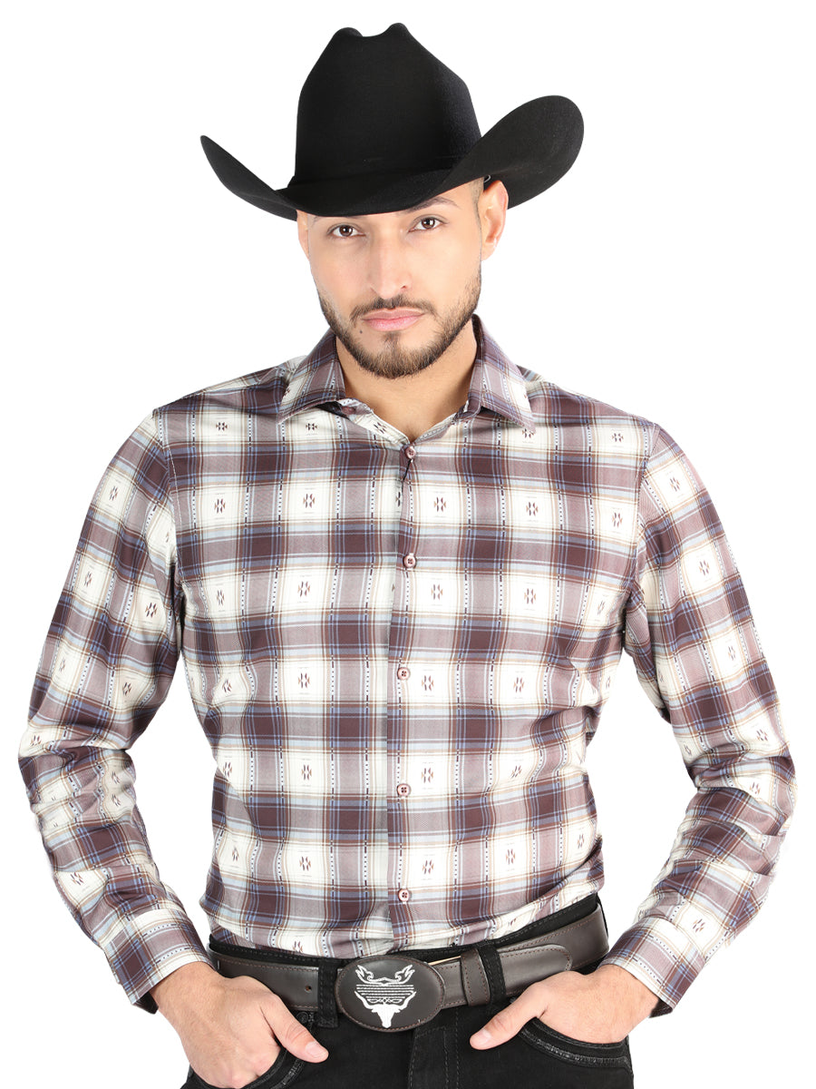 Camisa Vaquera Manga Larga Estampada Cuadros Beige/Vino para Hombre 'El Señor de los Cielos' - ID: 44713 Camisas de Cuadros El Señor de los Cielos Beige/Burgandy