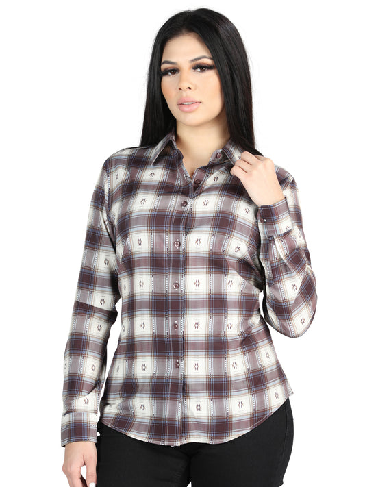 Camisa Vaquera Manga Larga Estampada Cuadros Beige/Burgandy para Mujer 'El Señor de los Cielos' - ID: 44730 Camisas de Cuadros El Señor de los Cielos Beige/Burgandy