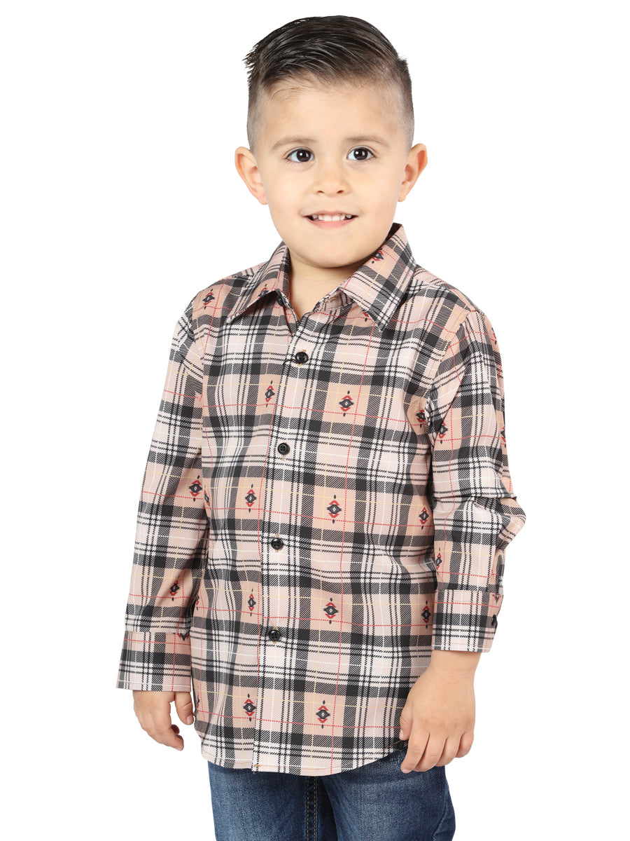 Camisa Vaquera Manga Larga Estampada Cuadros Beige/Negro para Niños 'El Señor de los Cielos' - ID: 44732 Camisas de Cuadros El Señor de los Cielos Beige/Black