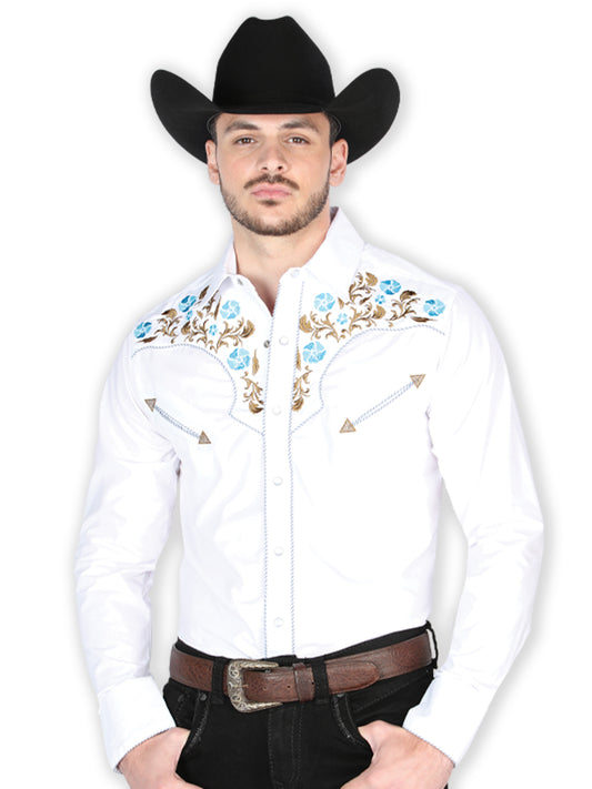 Camisa Vaquera Manga Larga Bordada Floral Blanco para Hombre 'El General' - ID: 44912 Camisas Bordadas El General White