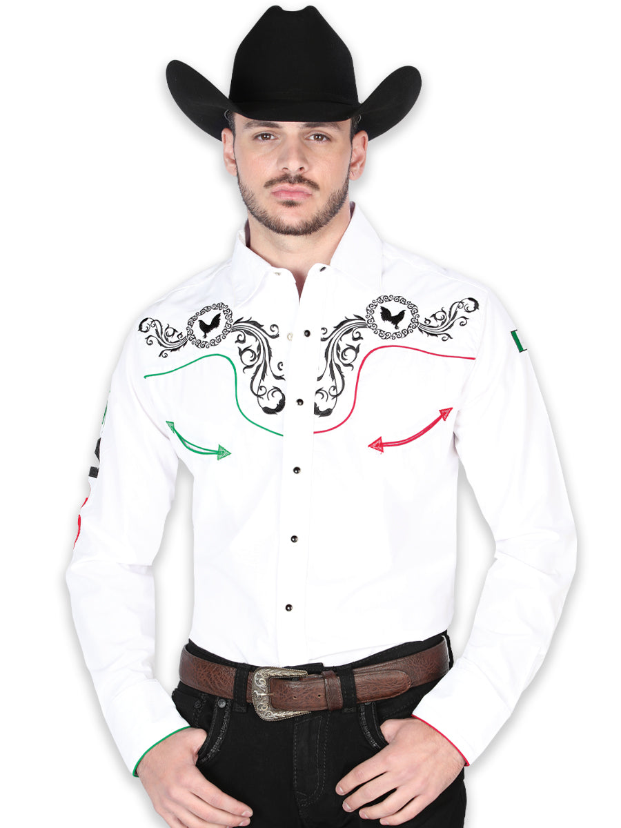 Camisa Vaquera Manga Larga Bordada Blanco para Hombre 'El General' - ID: 44907 Camisas Bordadas El General White