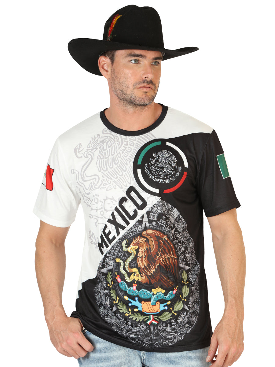 Playera Manga Corta, Bandera Mexico Blanco/Negro para Hombre 'El General' - ID: 45219 Playeras El General White/Black