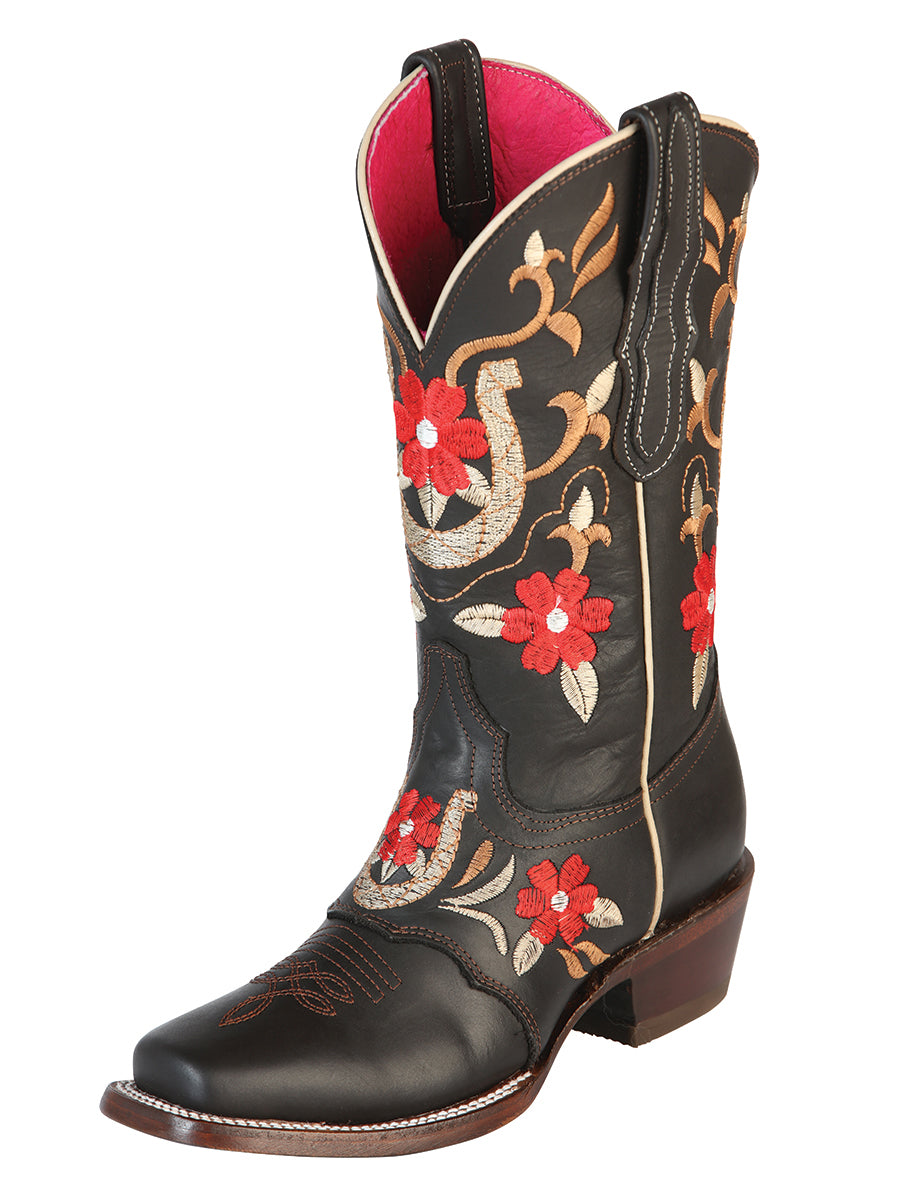 Botas Vaqueras Rodeo de Antifaz con Tubo Bordado de Flores de Piel Genuina para Mujer 'El General' - ID: 51139 Botas Rodeo Piel Genuina El General 