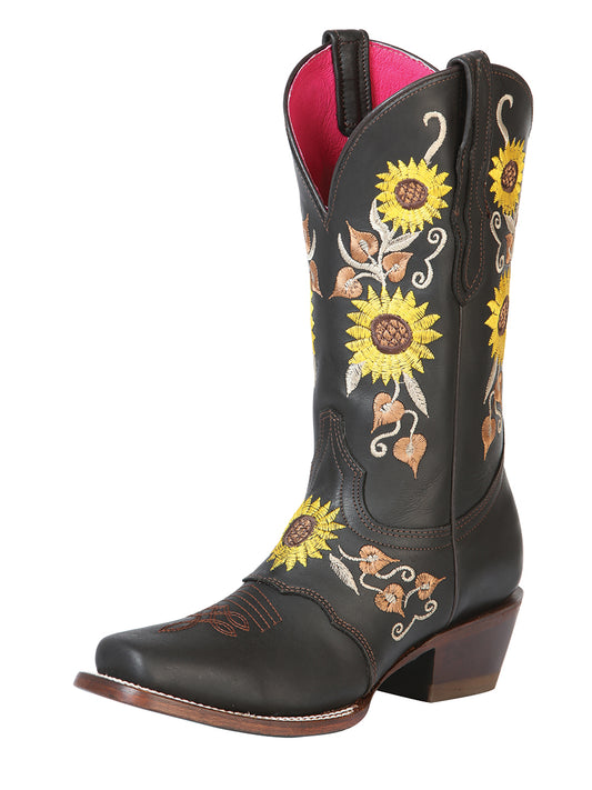 Rodeo Cowgirl Boots with Genuine Leather Sunflower Embroidered Tube for Women 'El General' - ID: 51144 Cowgirl Boots El General Choco