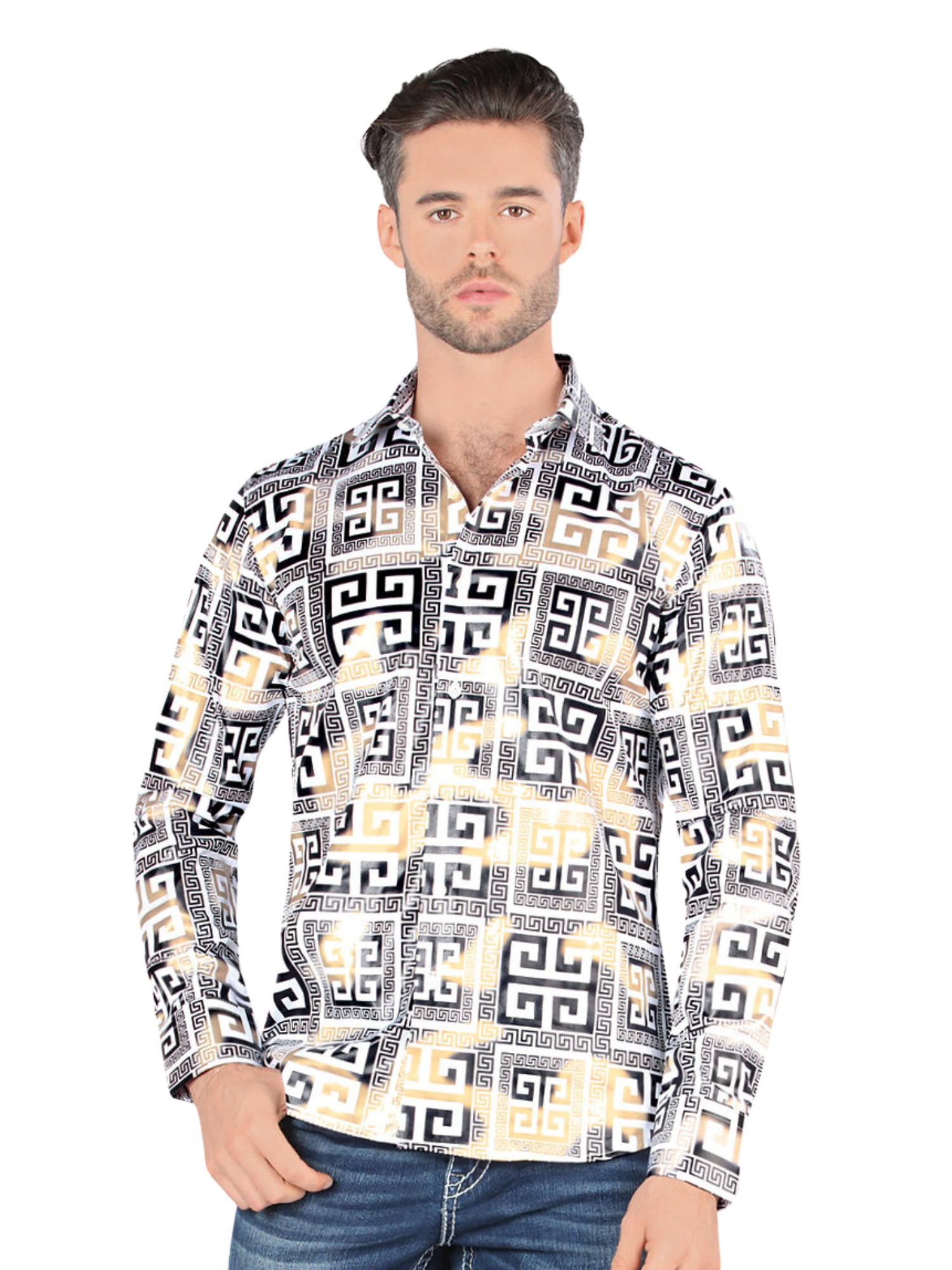 Camisa Casual Manga Larga Estampada para Hombre 'Montero' - ID: 0799 Camisas Estampadas Montero White