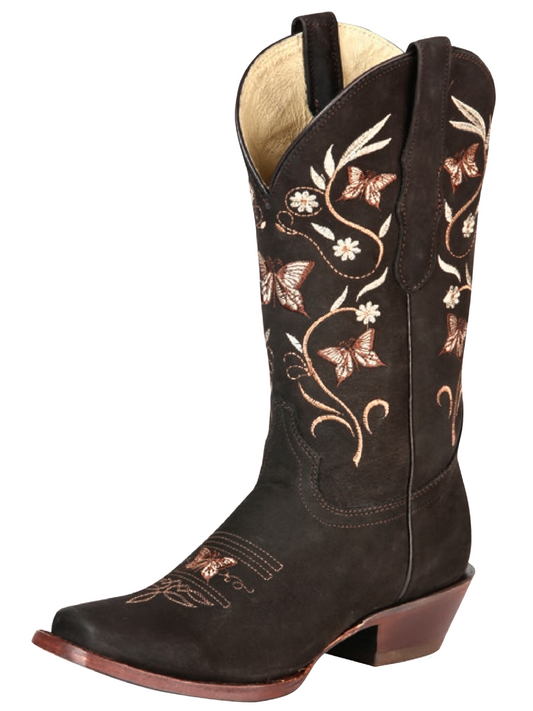 Rodeo Cowboy Boots with Nubuck Leather Butterfly Embroidered Tube for Women 'El General' - ID: 51227 Cowgirl Boots El General Cafe