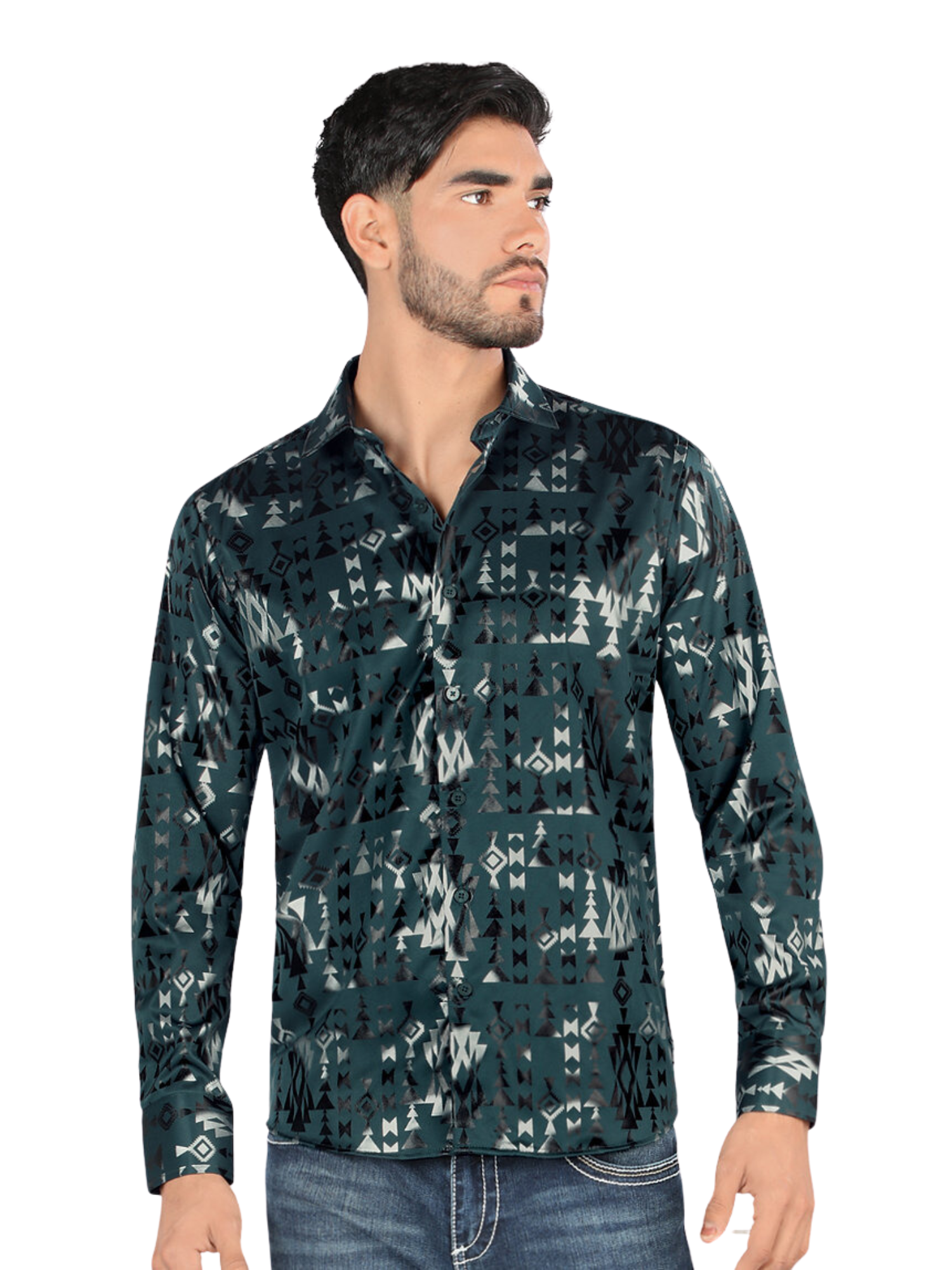 Camisa Casual Manga Larga Estampada para Hombre 'Montero' - ID: 0807 Camisas Estampadas Montero Green