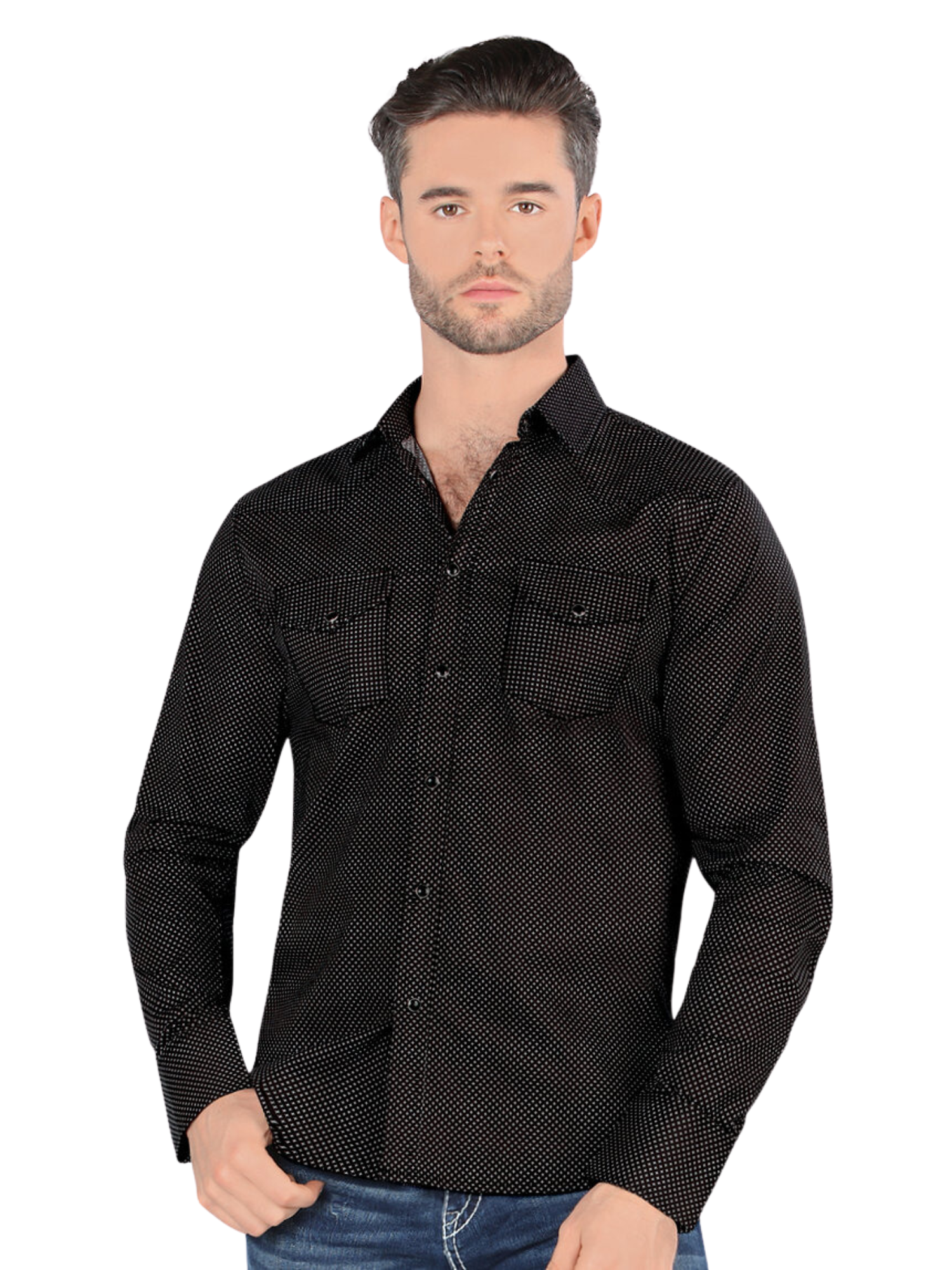 Camisa Casual Manga Larga Estampada para Hombre 'Montero' - ID: 3301 Camisas Estampadas Montero Black