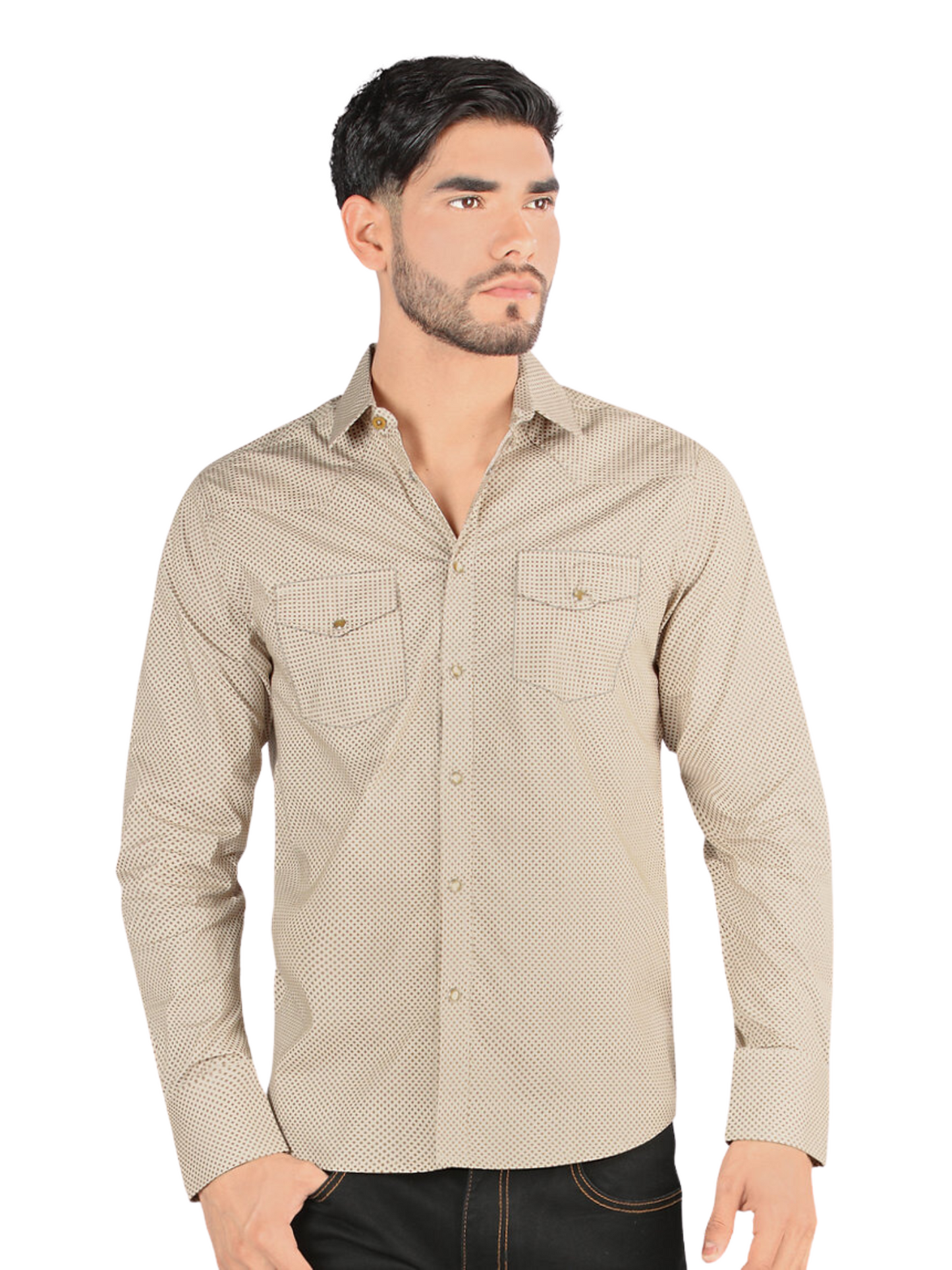 Camisa Casual Manga Larga Estampada para Hombre 'Montero' - ID: 3301 Camisas Estampadas Montero Beige