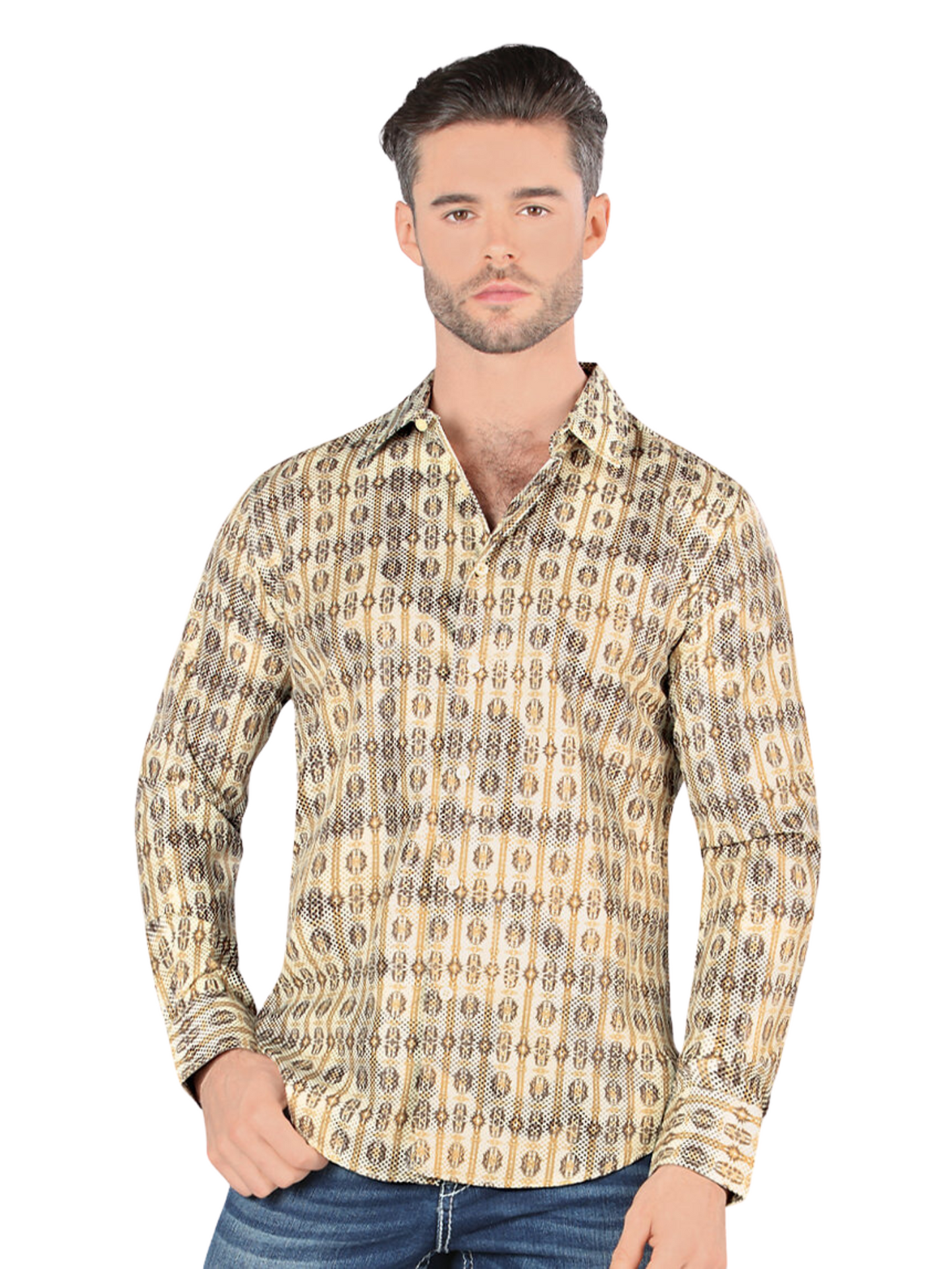 Camisa Casual Manga Larga Estampada para Hombre 'Montero' - ID: 0456 Camisas Estampadas Montero Beige