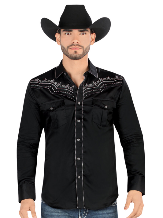 Camisa Vaquera Bordada Manga Larga para Hombre 'Montero' - ID: 3543 Camisas Bordadas Montero Black/Gray