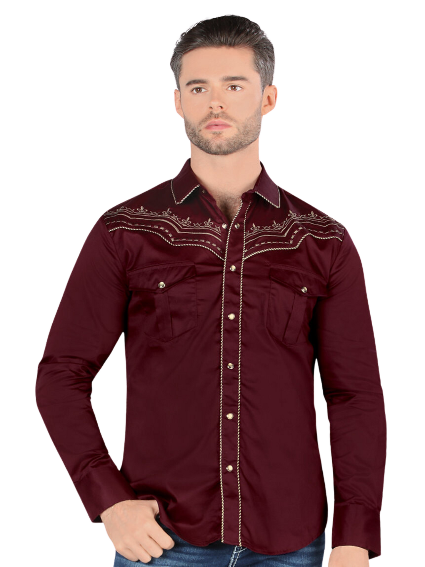 Camisa Vaquera Bordada Manga Larga para Hombre 'Montero' - ID: 3543 Camisas Bordadas Montero Wine