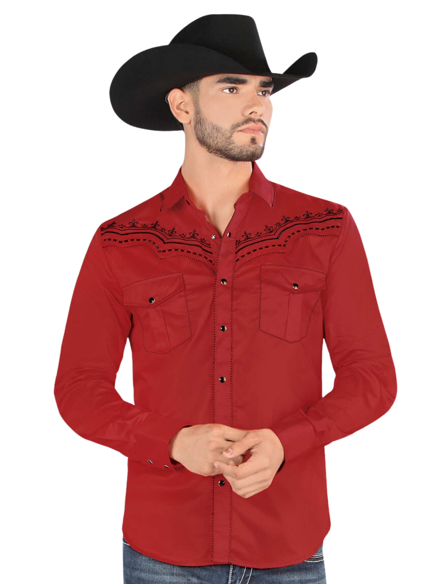 Camisa Vaquera Bordada Manga Larga para Hombre 'Montero' - ID: 3543 Camisas Bordadas Montero Red