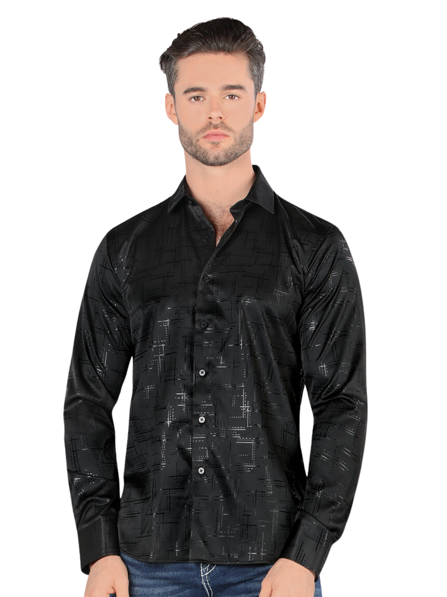 Camisa Casual Manga Larga Estampada para Hombre 'Montero' - ID: 0813 Camisas Estampadas Montero Black