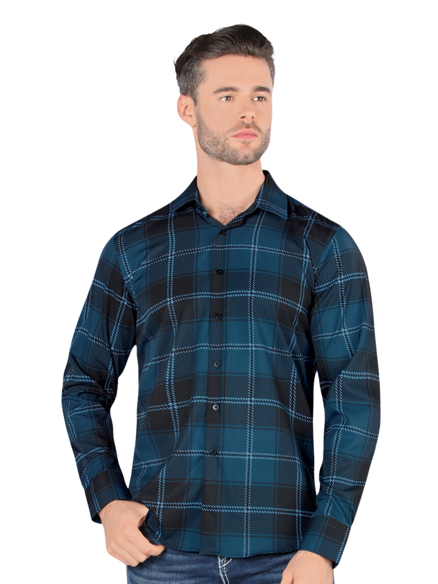 Camisa Casual Manga Larga Estampada Cuadros para Hombre 'Montero' - ID: 0814 Camisas de Cuadros Montero Teal