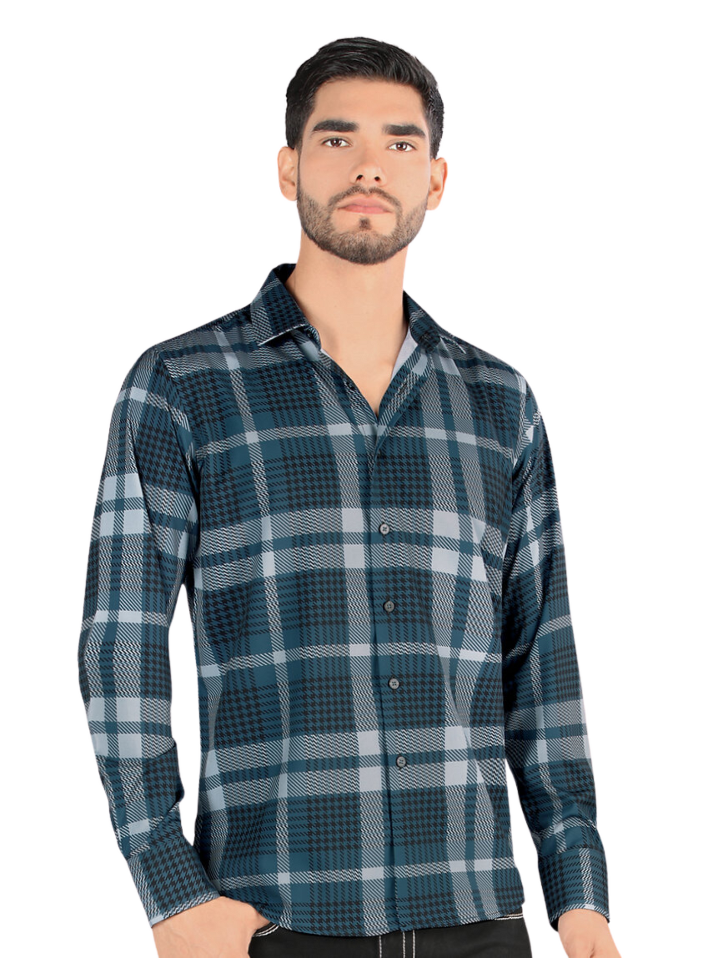 Camisa Casual Manga Larga Estampada Cuadros para Hombre 'Montero' - ID: 0815 Camisas de Cuadros Montero Teal