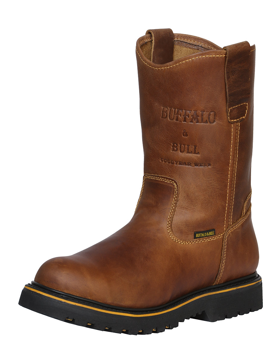 Genuine Leather Soft Toe Pull-On Tube Work Boots for Men 'Buffalo & Bull' - ID: 123028