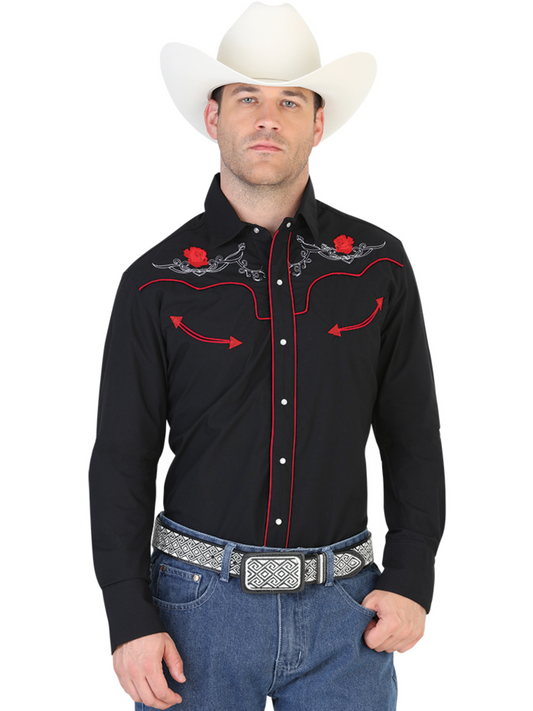 Black Long Sleeve Embroidered Denim Shirt for Men 'The Lord of the Skies' - ID: 123893