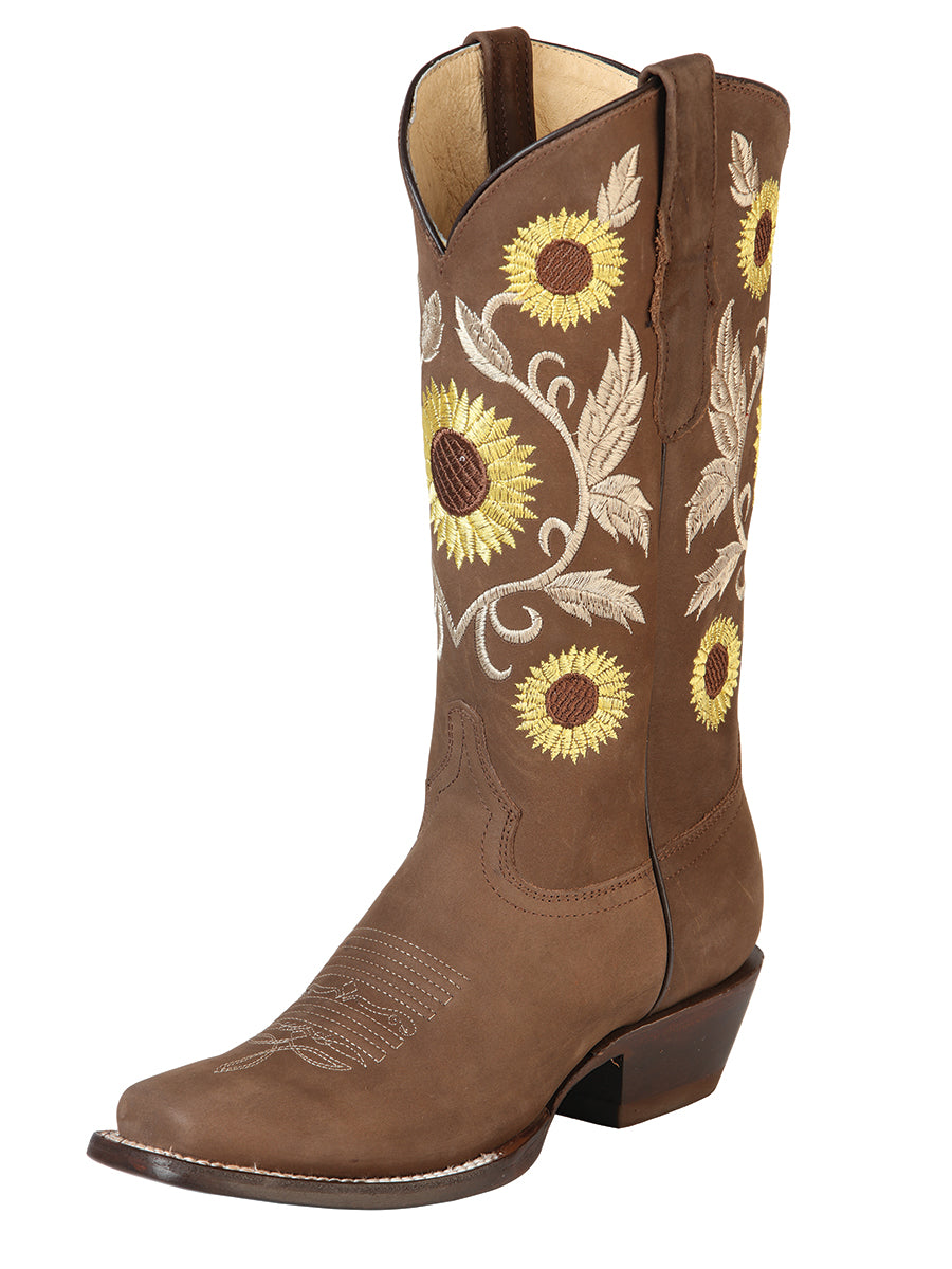 Retro Rodeo Cowboy Boots with Nobuck Leather Sunflower Embroidered Tube for Women 'Centenario' - ID: 125771