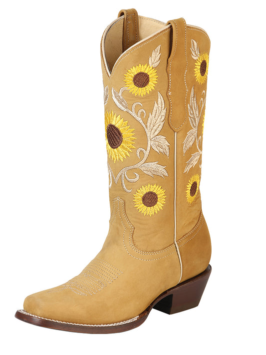 Retro Rodeo Cowboy Boots with Nubuck Leather Sunflower Embroidered Tube for Women 'Centenario' - ID: 125772 Cowgirl Boots Centenario Honey