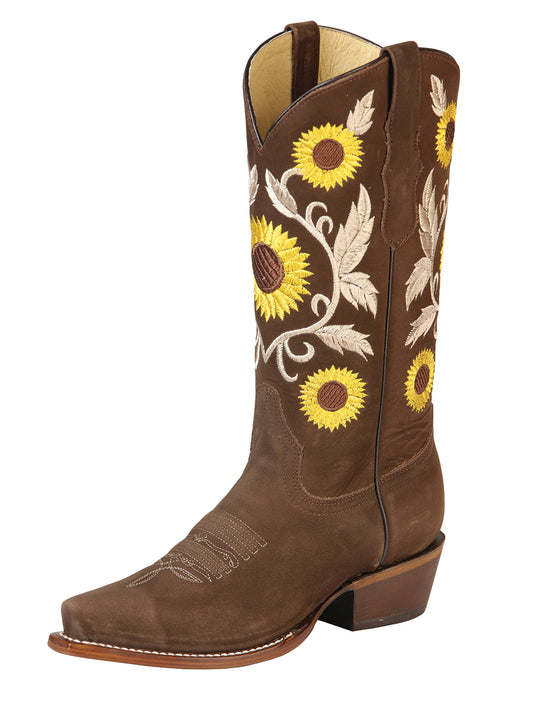Retro Rodeo Cowboy Boots with Nubuck Leather Sunflower Embroidered Tube for Women 'Centenario' - ID: 125775 Cowgirl Boots Centenario Camel