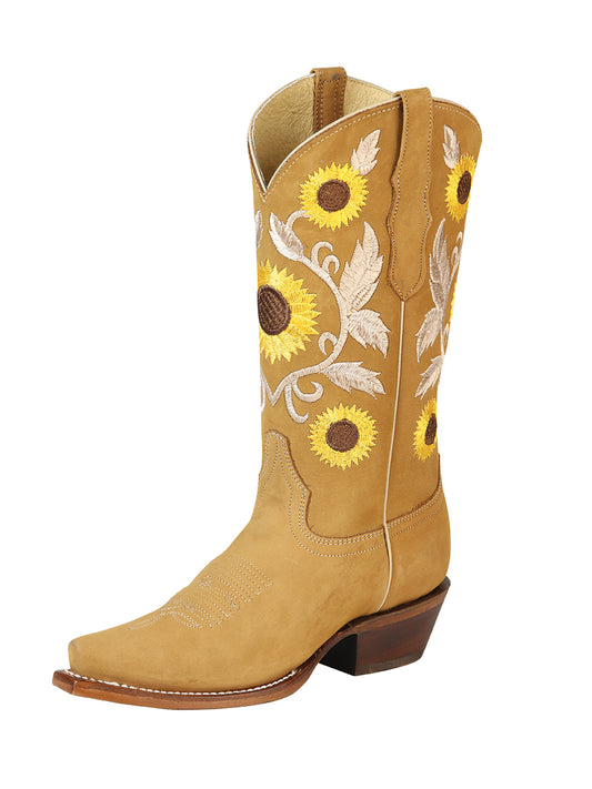 Retro Rodeo Cowboy Boots with Nobuck Leather Sunflower Embroidered Tube for Women 'Centenario' - ID: 125776
