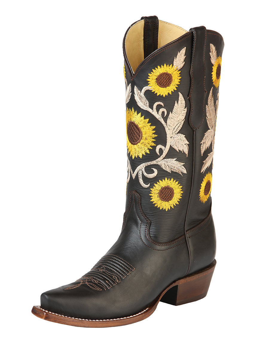 Retro Rodeo Cowboy Boots with Embroidered Tube of Genuine Leather Sunflowers for Women 'Centenario' - ID: 125777