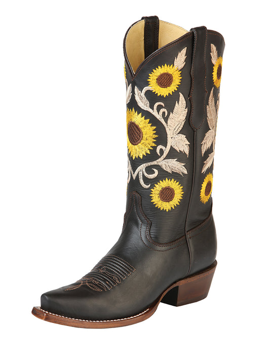Retro Rodeo Cowboy Boots with Genuine Leather Sunflower Embroidered Tube for Women 'Centenario' - ID: 125777 Cowgirl Boots Centenario Choco