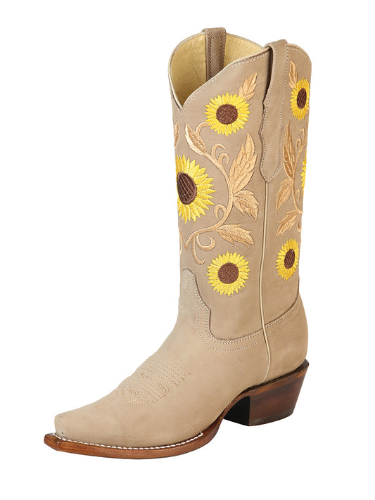 Retro Rodeo Cowboy Boots with Nubuck Leather Sunflower Embroidered Tube for Women 'Centenario' - ID: 125778 Cowgirl Boots Centenario Sand