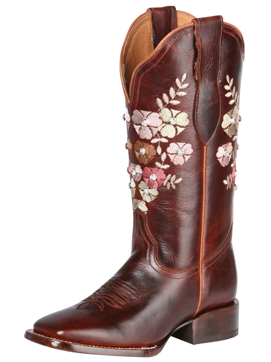 Rodeo Cowboy Boots with Genuine Leather Flower Embroidered Tube for Women 'Jar Boots' - ID: 126449