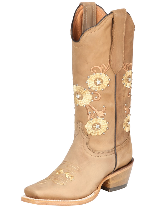 Women's Genuine Leather Flower Embroidered Tube Rodeo Cowboy Boots 'Jar Boots' - ID: 126450 Cowgirl Boots Jar Boots Tobacco