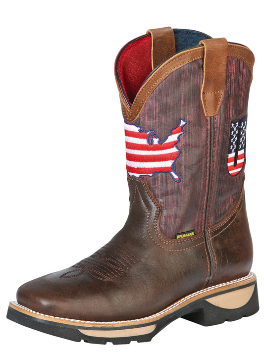 Rodeo Tube Pull-On Work Boots USA Flag with Genuine Leather Soft Toe for Men 'El General' - ID: 126466