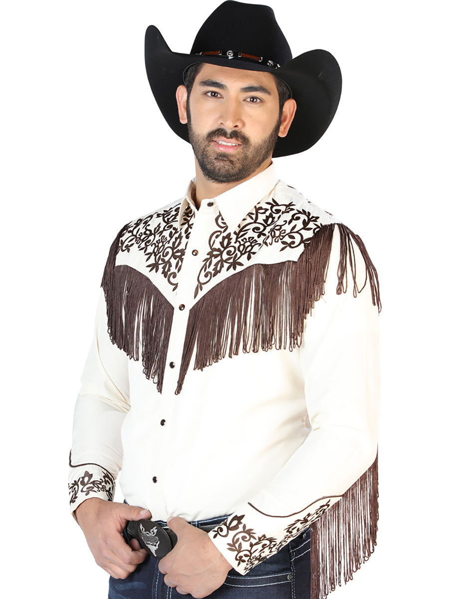 Beige Long Sleeve Embroidered Denim Shirt for Men 'El Señor de los Cielos' - ID: 126700 Western Shirt El Señor de los Cielos