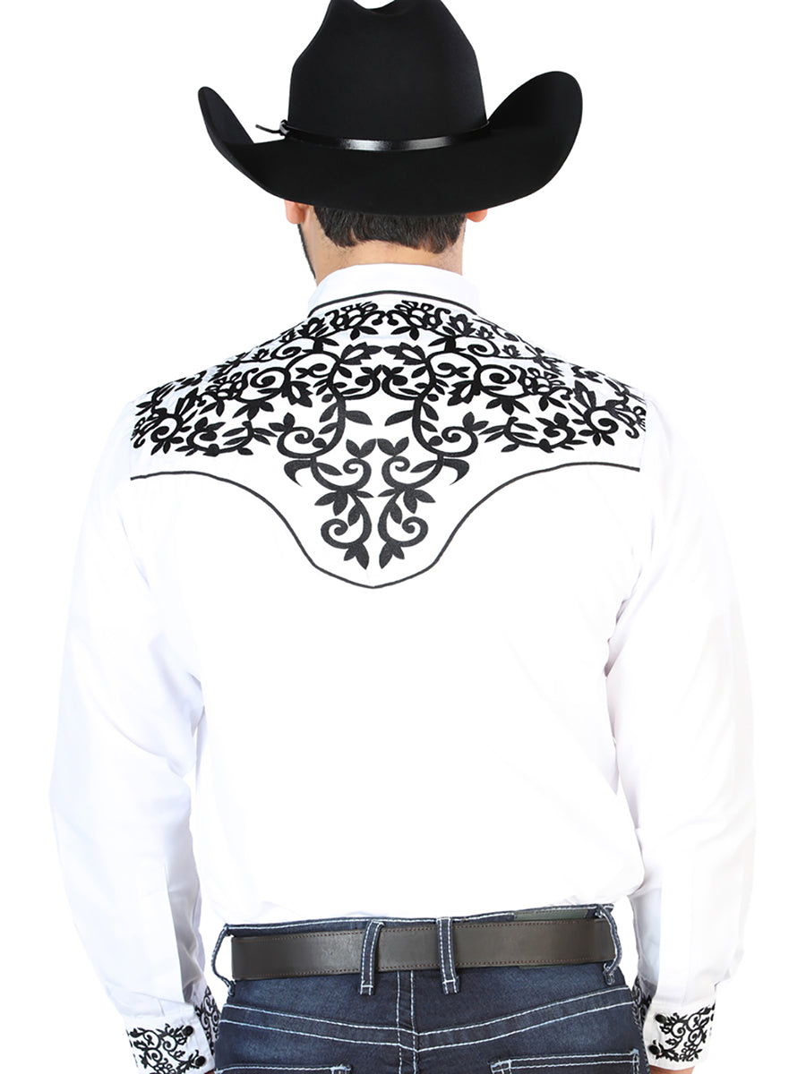 White Long Sleeve Embroidered Denim Shirt for Men 'El Señor de los Cielos' - ID: 126702 Western Shirt El Señor de los Cielos