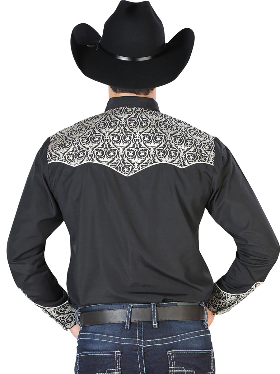 Black Long Sleeve Embroidered Denim Shirt for Men 'El Señor de los Cielos' - ID: 126704 Western Shirt El Señor de los Cielos