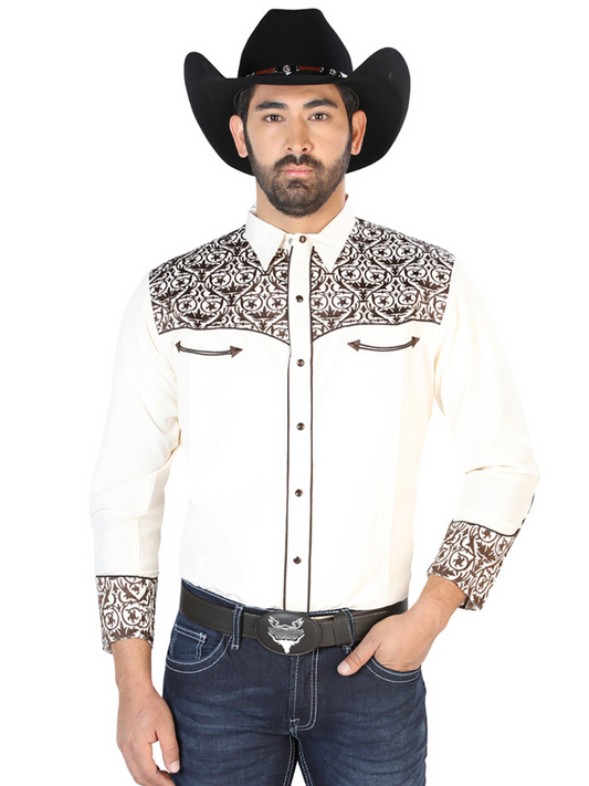 Beige Long Sleeve Embroidered Denim Shirt for Men 'The Lord of the Skies' - ID: 126706