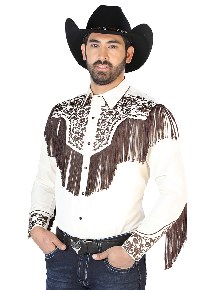 Camisa Vaquera Bordada Manga Larga Beige para Hombre 'El Señor de los Cielos' - ID: 126710 Western Shirt El Señor de los Cielos 