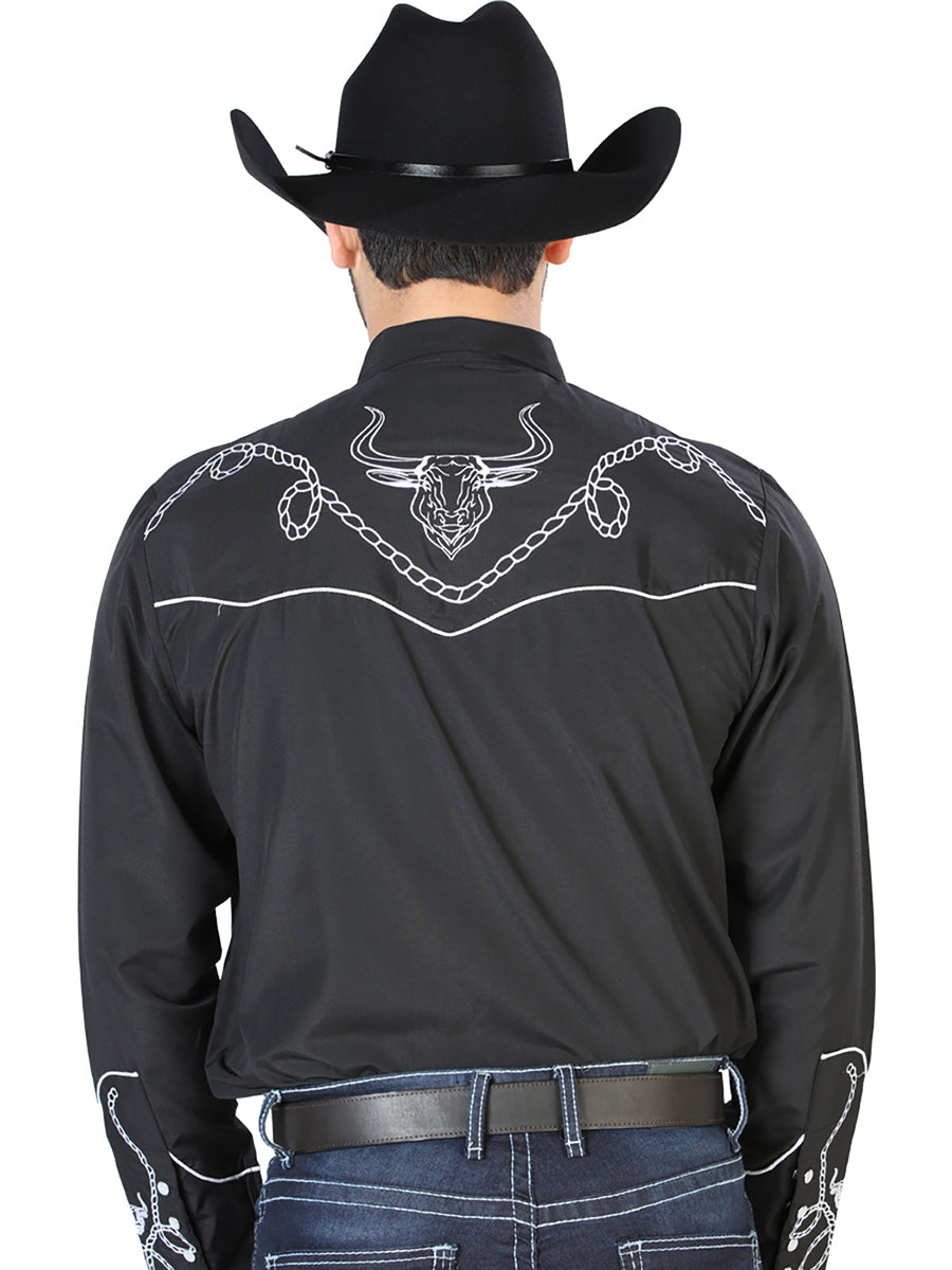 Black Long Sleeve Embroidered Denim Shirt for Men 'El Señor de los Cielos' - ID: 126711 Western Shirt El Señor de los Cielos