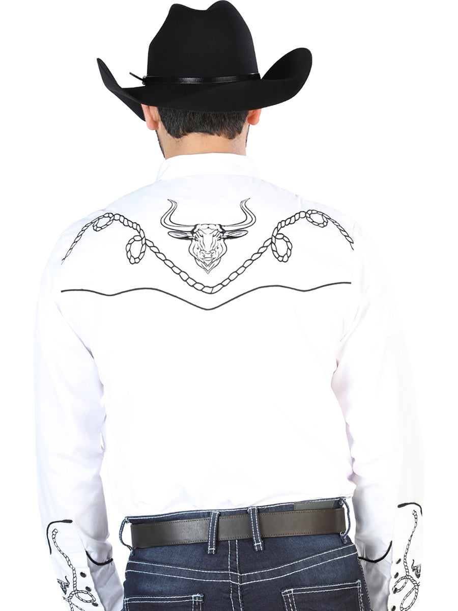 White Long Sleeve Embroidered Denim Shirt for Men 'El Señor de los Cielos' - ID: 126712 Western Shirt El Señor de los Cielos