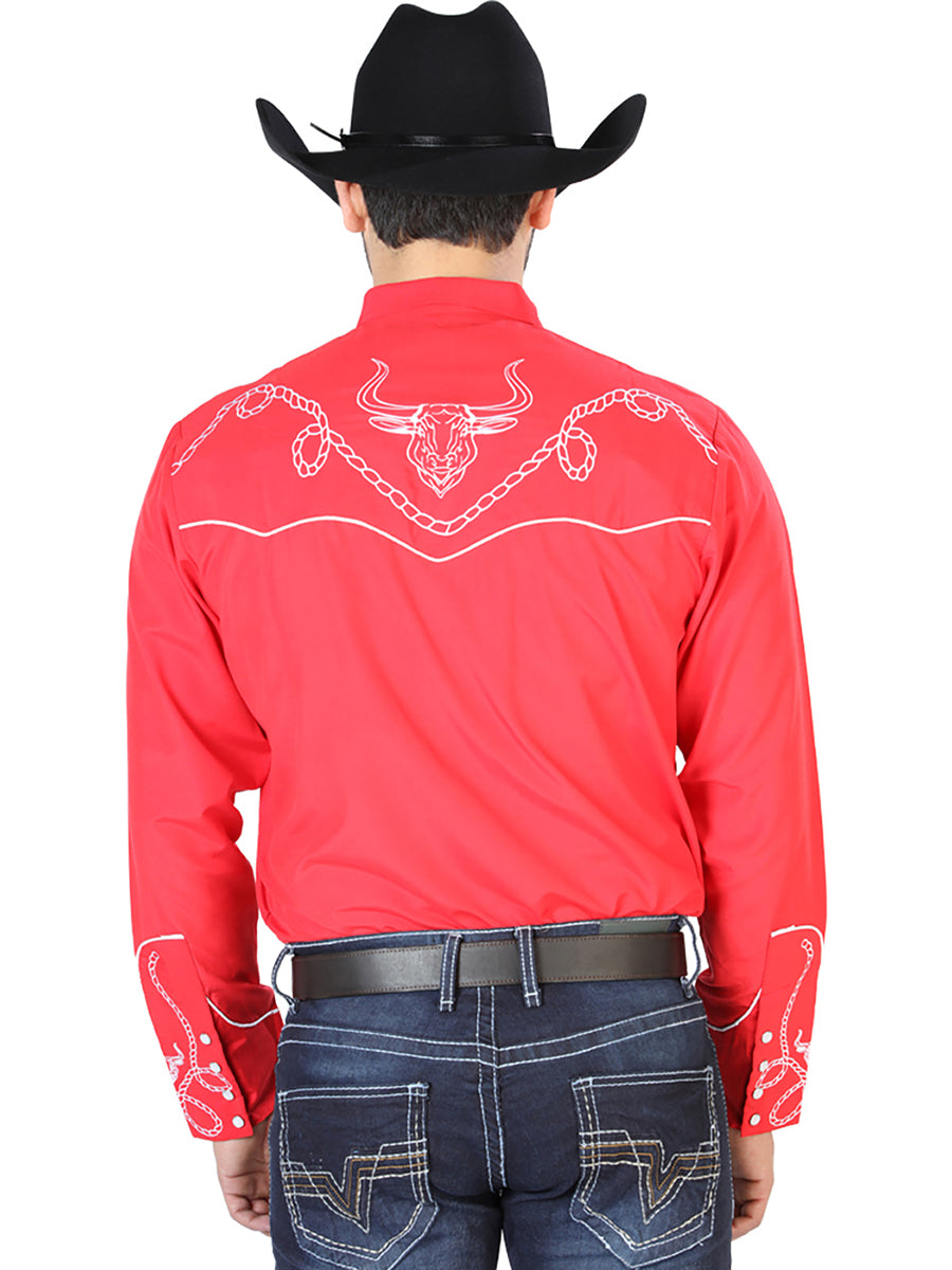 Red Long Sleeve Embroidered Denim Shirt for Men 'El Señor de los Cielos' - ID: 126713 Western Shirt El Señor de los Cielos