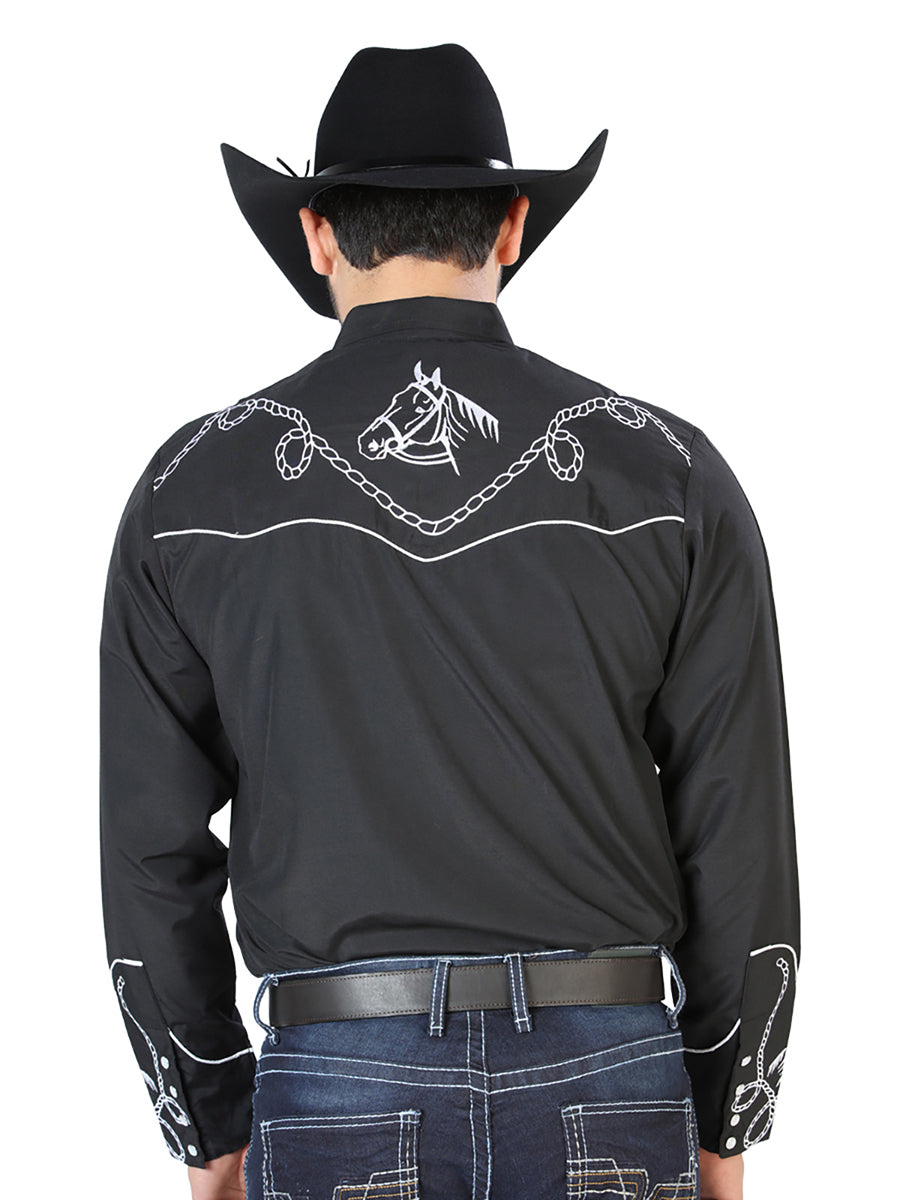 Black Long Sleeve Embroidered Denim Shirt for Men 'El Señor de los Cielos' - ID: 126714 Western Shirt El Señor de los Cielos
