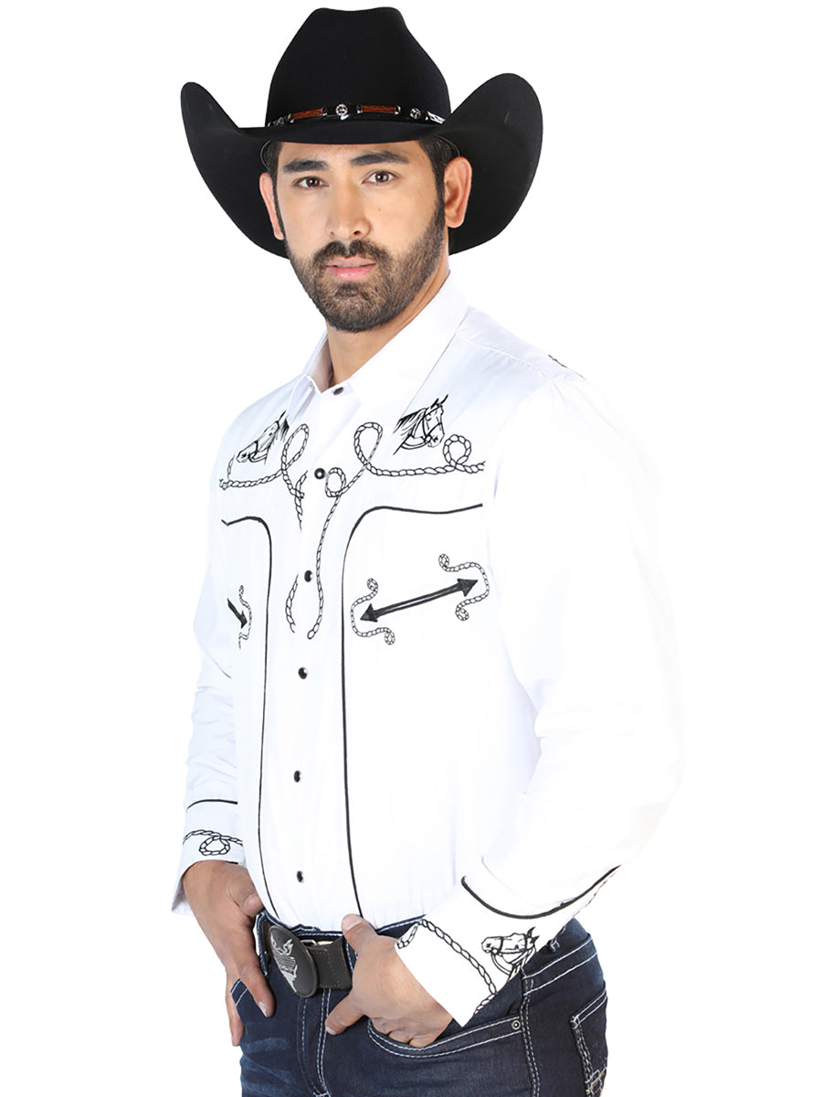 Camisa Vaquera Bordada Manga Larga Blanco para Hombre 'El Señor de los Cielos' - ID: 126715 Western Shirt El Señor de los Cielos 