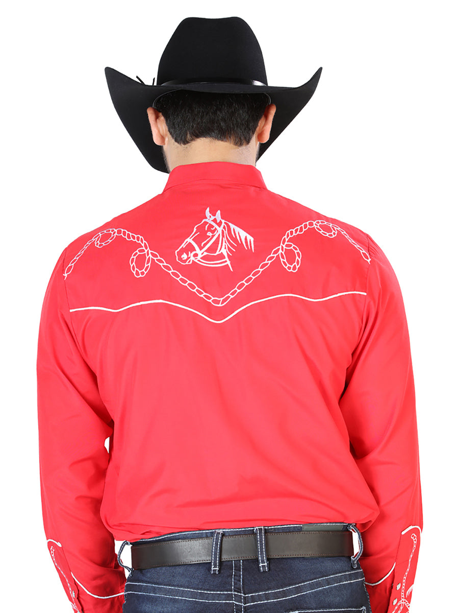 Red Long Sleeve Embroidered Denim Shirt for Men 'El Señor de los Cielos' - ID: 126716 Western Shirt El Señor de los Cielos
