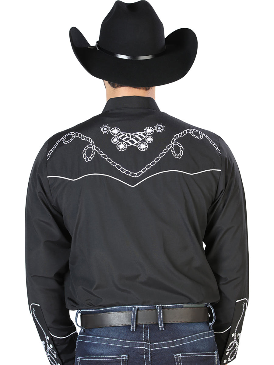 Black Long Sleeve Embroidered Denim Shirt for Men 'El Señor de los Cielos' - ID: 126717 Western Shirt El Señor de los Cielos