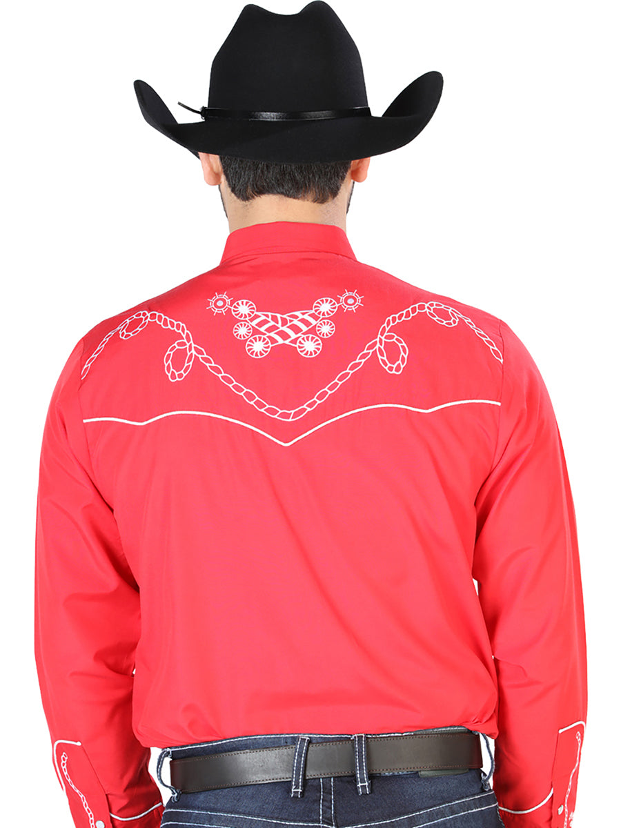 Red Long Sleeve Embroidered Denim Shirt for Men 'El Señor de los Cielos' - ID: 126719 Western Shirt El Señor de los Cielos