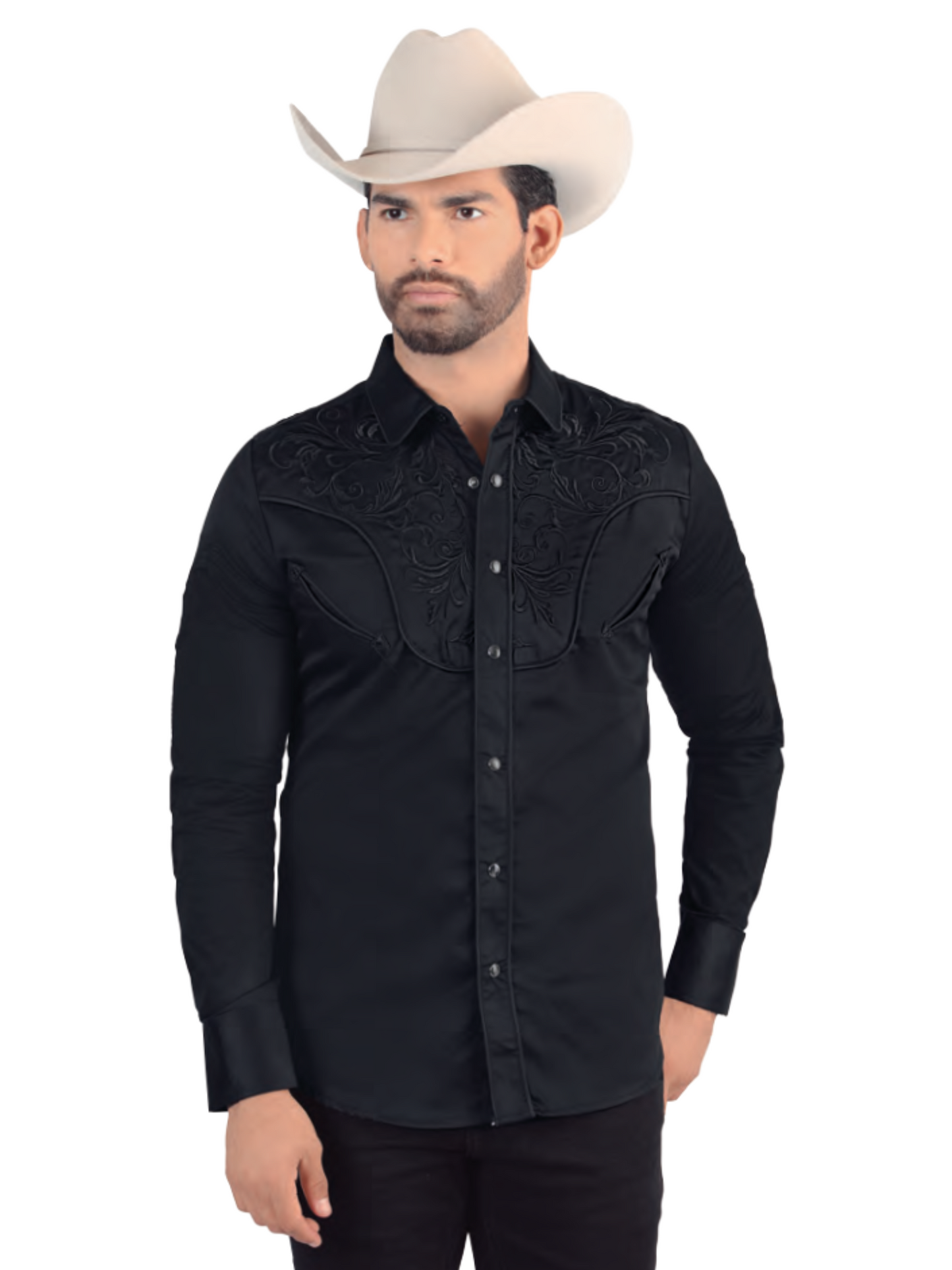 Camisa Vaquera Bordada Manga Larga para Hombre 'Lamasini' - ID: 2206 Camisas Bordadas Lamasini Black