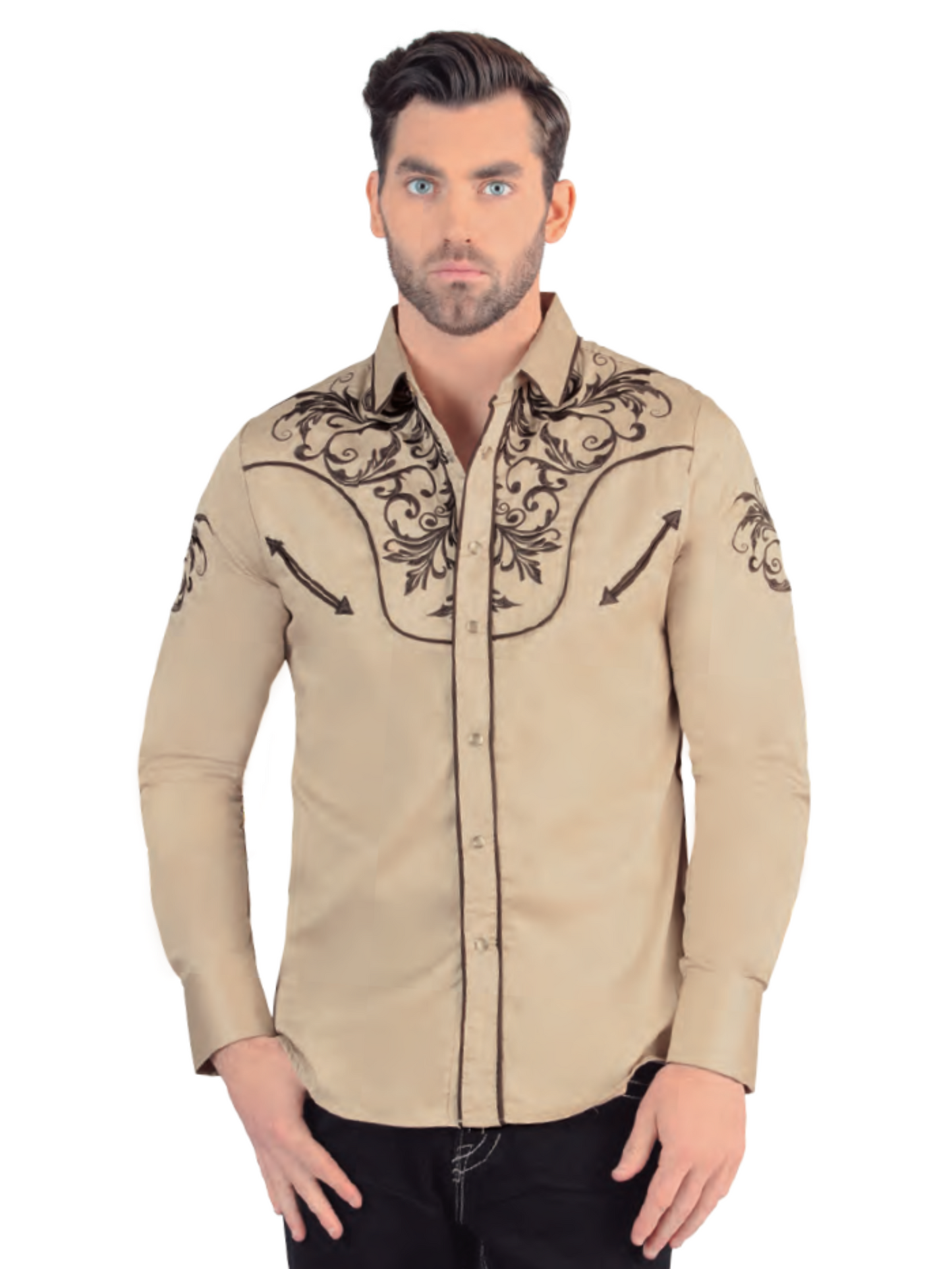 Camisa Vaquera Bordada Manga Larga para Hombre 'Lamasini' - ID: 2206 Camisas Bordadas Lamasini Beige