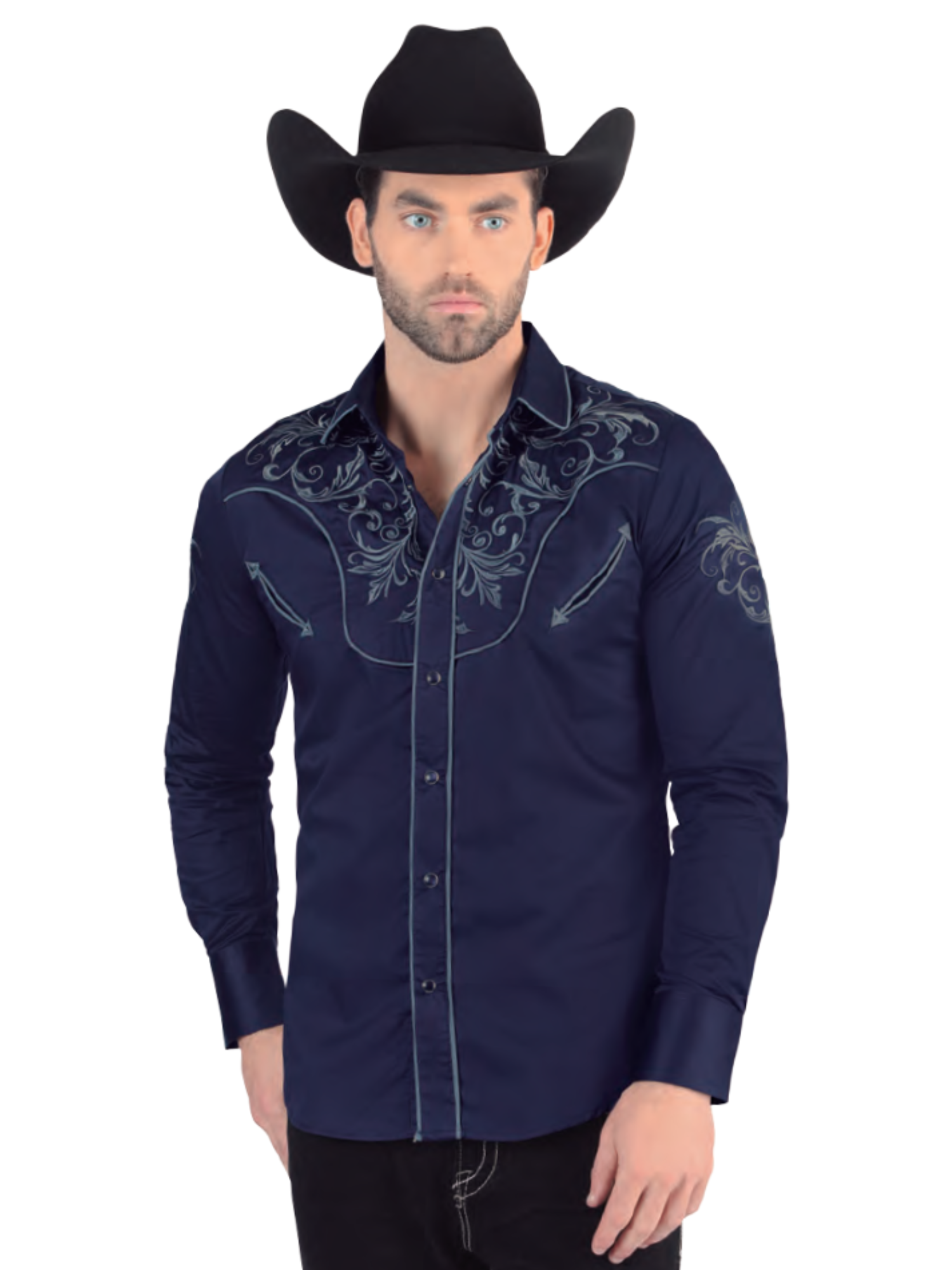 Camisa Vaquera Bordada Manga Larga para Hombre 'Lamasini' - ID: 2206 Camisas Bordadas Lamasini Navy