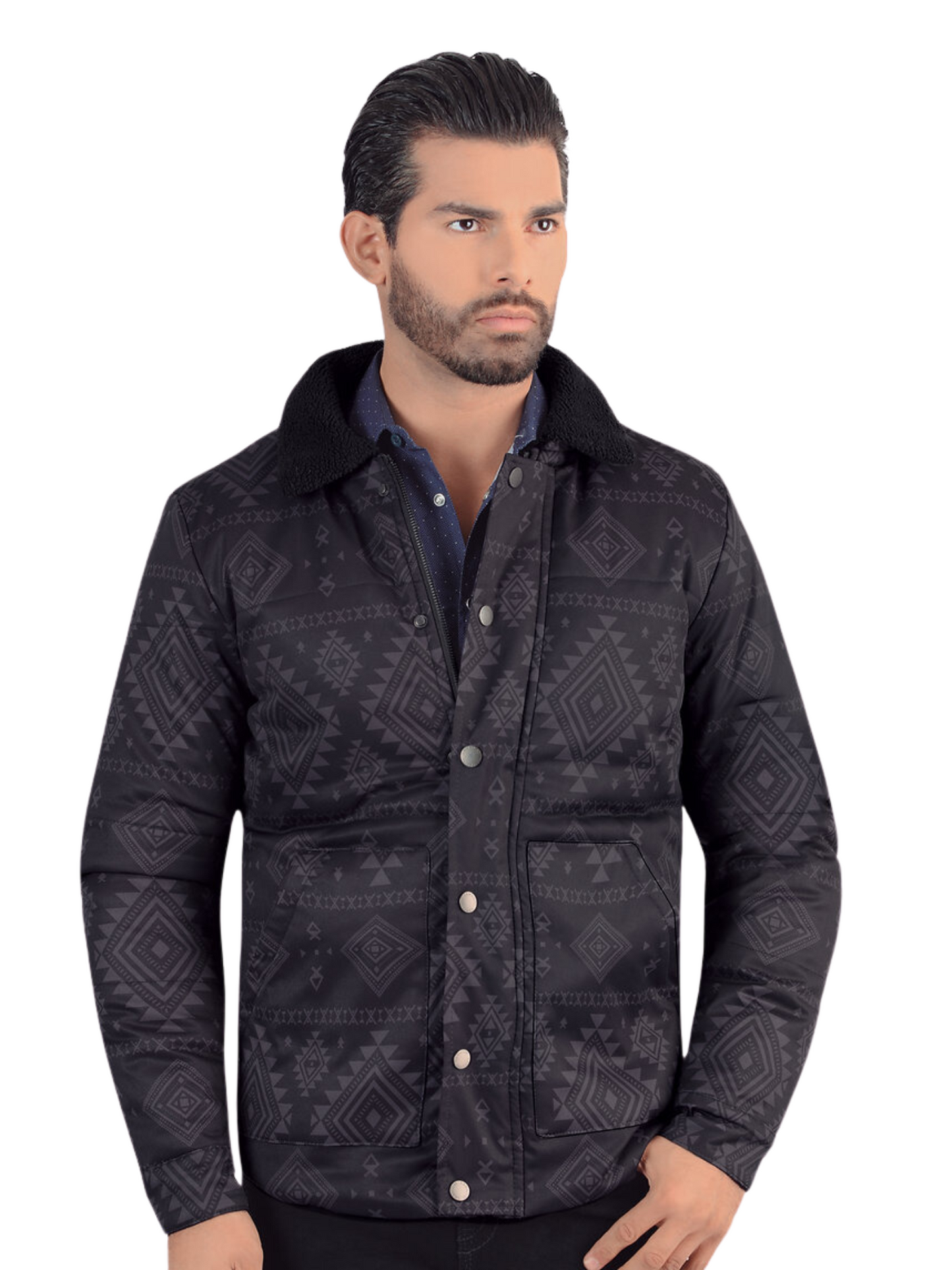 Chamarra Casual Termica de Forro Afelpado (Tipo Borrego) Estampada Aztec para Hombre 'Lamasini' - ID: 604 Chamarras Termicas Lamasini Black