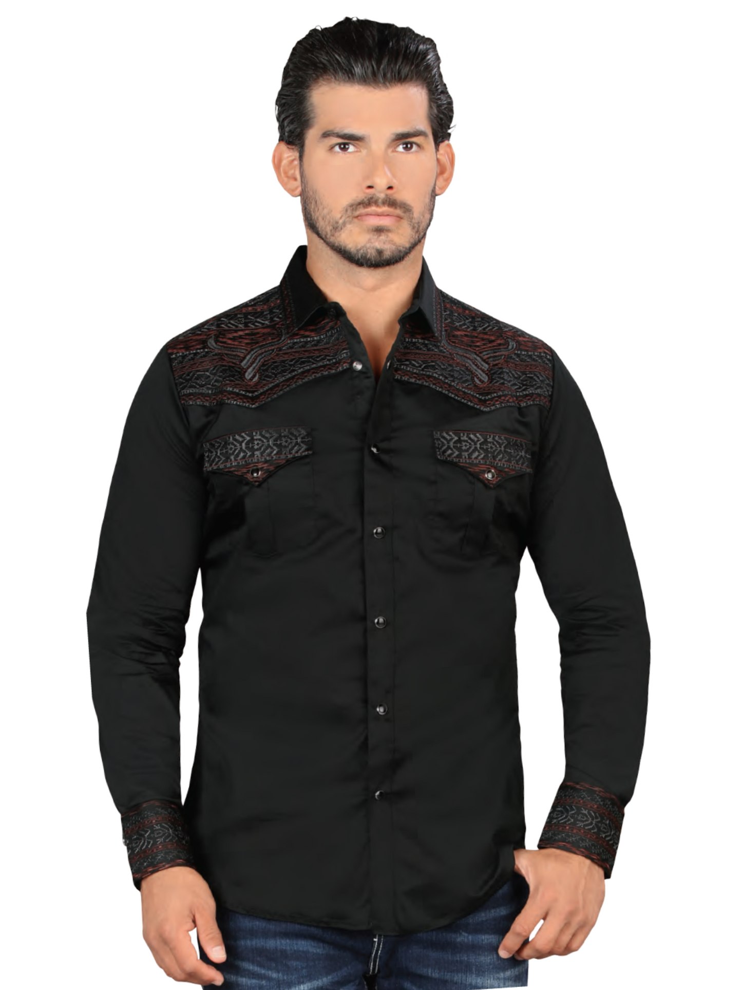 Camisa Vaquera Bordada Manga Larga para Hombre 'Lamasini' - ID: 2217 Camisas Bordadas Lamasini Black/Wine